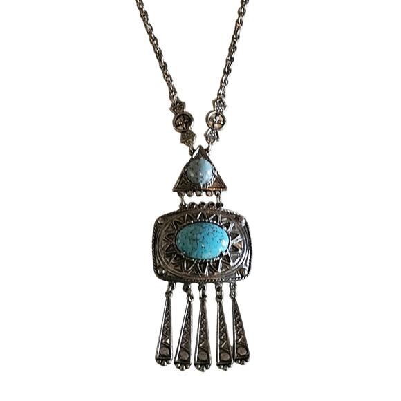 Vintage Native American Style Silver Engraved Turquoise Cabochon Necklace - Picture 1 of 8